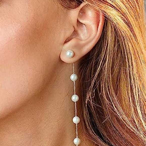 4" Long Pearl Delicate Silver Chain Earrings Chains Faux Pearls Minimalist New - Picture 2 of 5